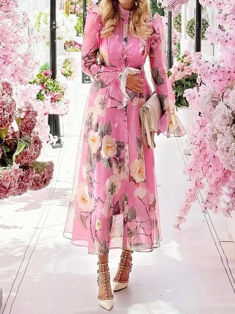 Elegant Printed Butterfly Sleeve Midi Dress