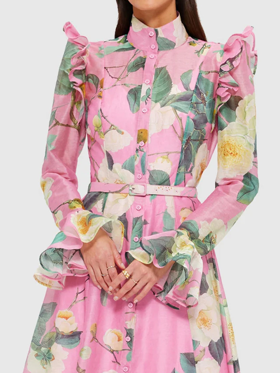 Elegant Printed Butterfly Sleeve Midi Dress