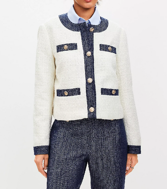 Stylish Crew Neck Denim Tweed Jacket