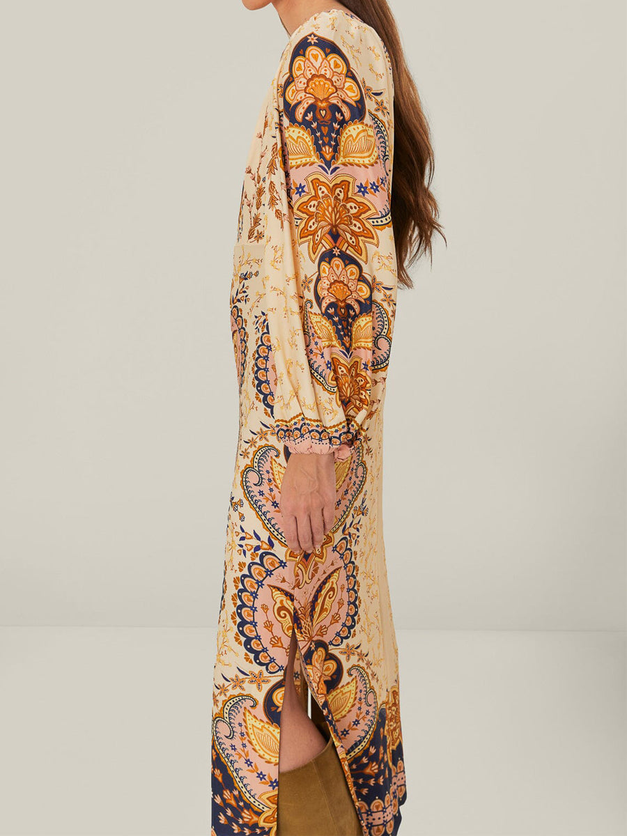 Elegant Printed Silt Hem Boho Midi Dress