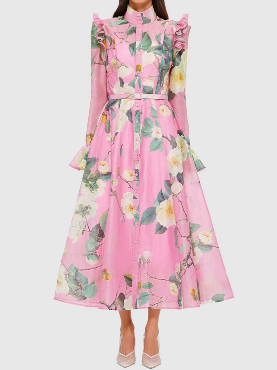 Elegant Printed Butterfly Sleeve Midi Dress