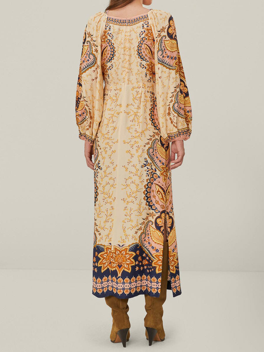 Elegant Printed Silt Hem Boho Midi Dress