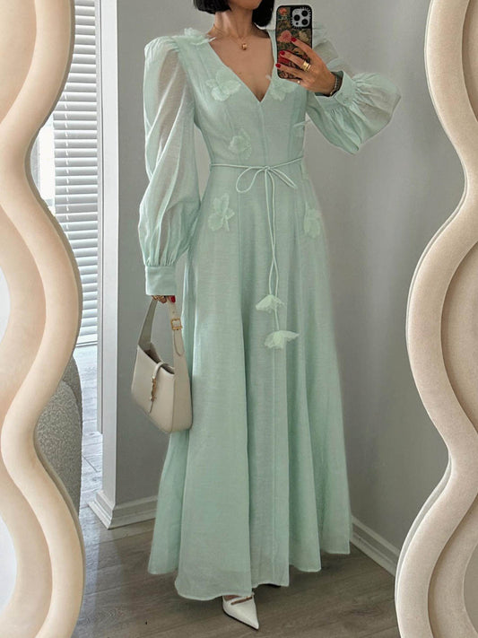 Elegant Flower V-Neck Long Sleeve Belted Maxi Dress