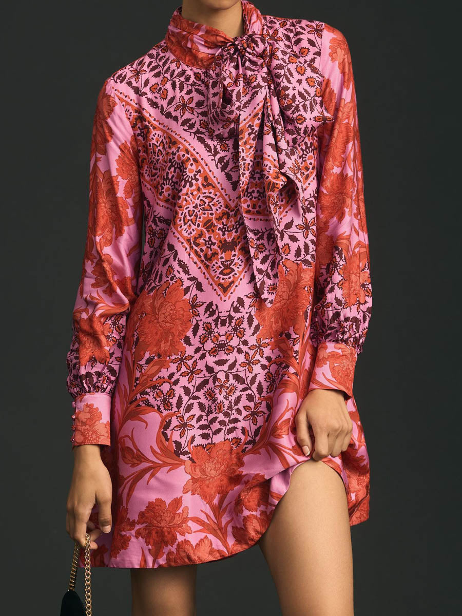 Tie-Neck Printed Mini Dress