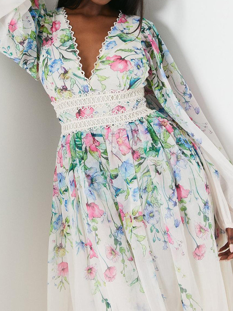 Elegant Floral Lace Patchwork Maxi Dress