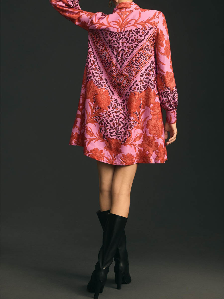 Tie-Neck Printed Mini Dress