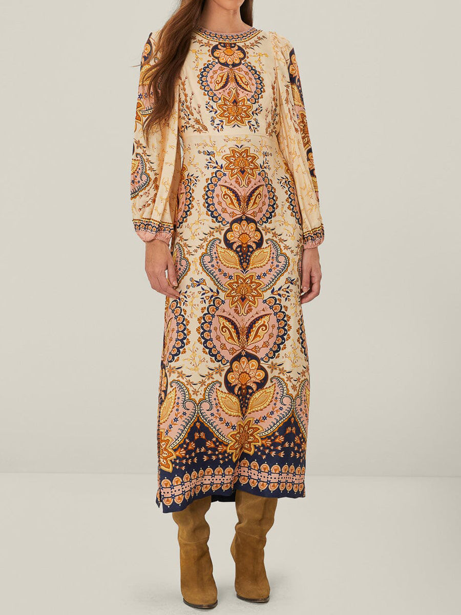 Elegant Printed Silt Hem Boho Midi Dress