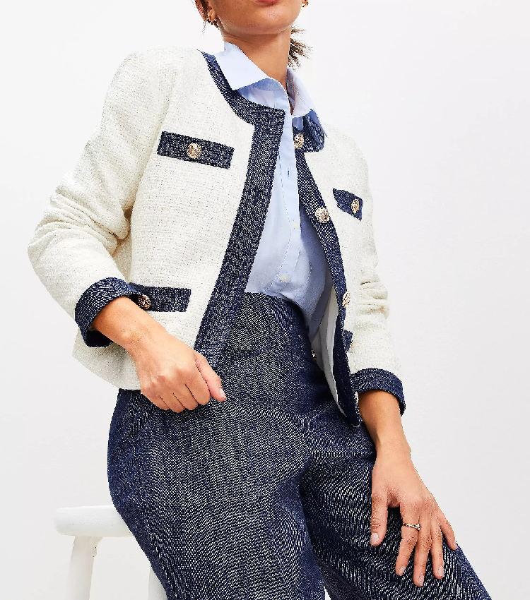 Stylish Crew Neck Denim Tweed Jacket