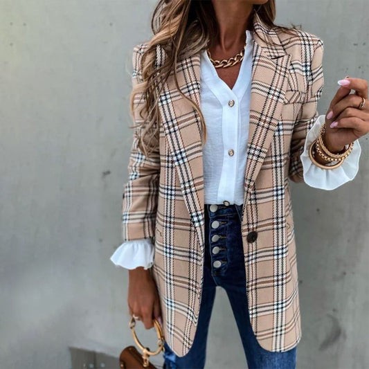 Khaki Long Sleeve Plaid Outerwear