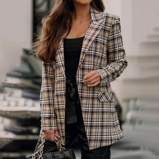 Brown Lapel Long Sleeve Plaid Outerwear