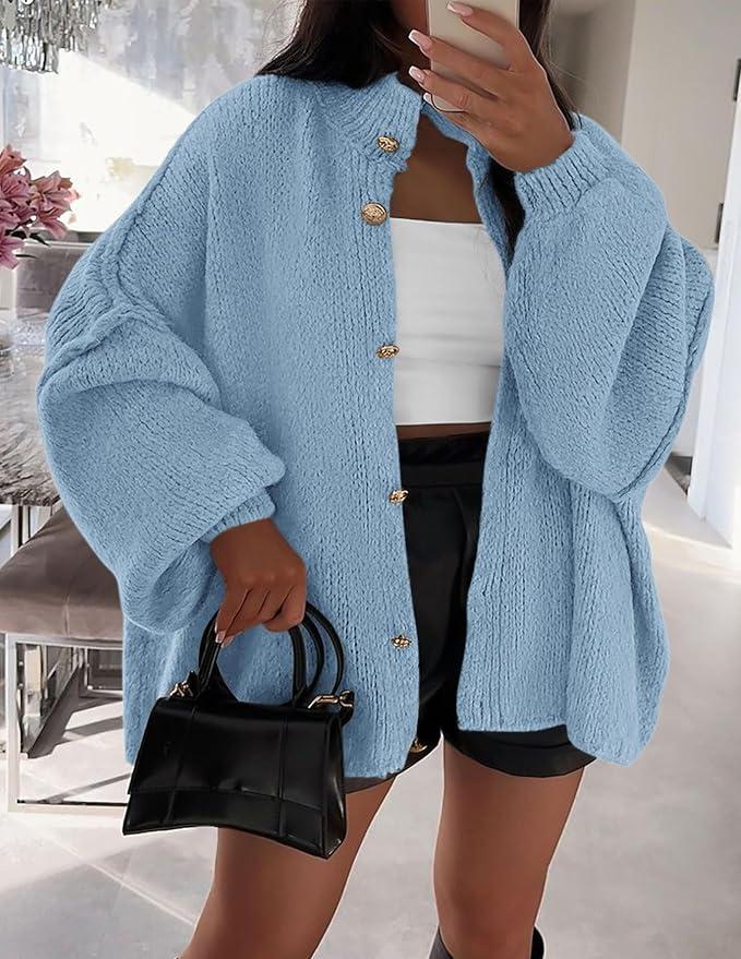 Trendy Mock Neck Lantern Long Sleeve Chunky Knit Cardigan Jacket