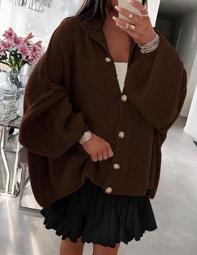 Trendy Mock Neck Lantern Long Sleeve Chunky Knit Cardigan Jacket